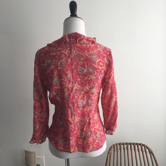 VTG Express red paisley silk chiffon 3/4 sleeves - Picture 6 of 7